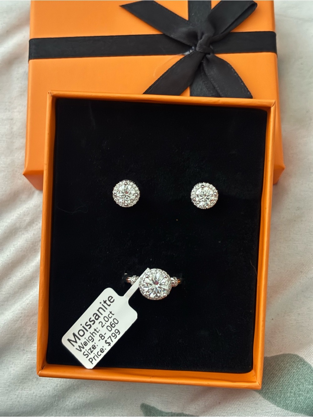 Moissanite Halo Ring and Stud Earrings Set in Silver-Tone